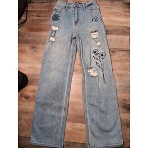 Hollister 90sJeans Womens Distressed Embroided High Rise Dad‎ Jean Stretch Denim